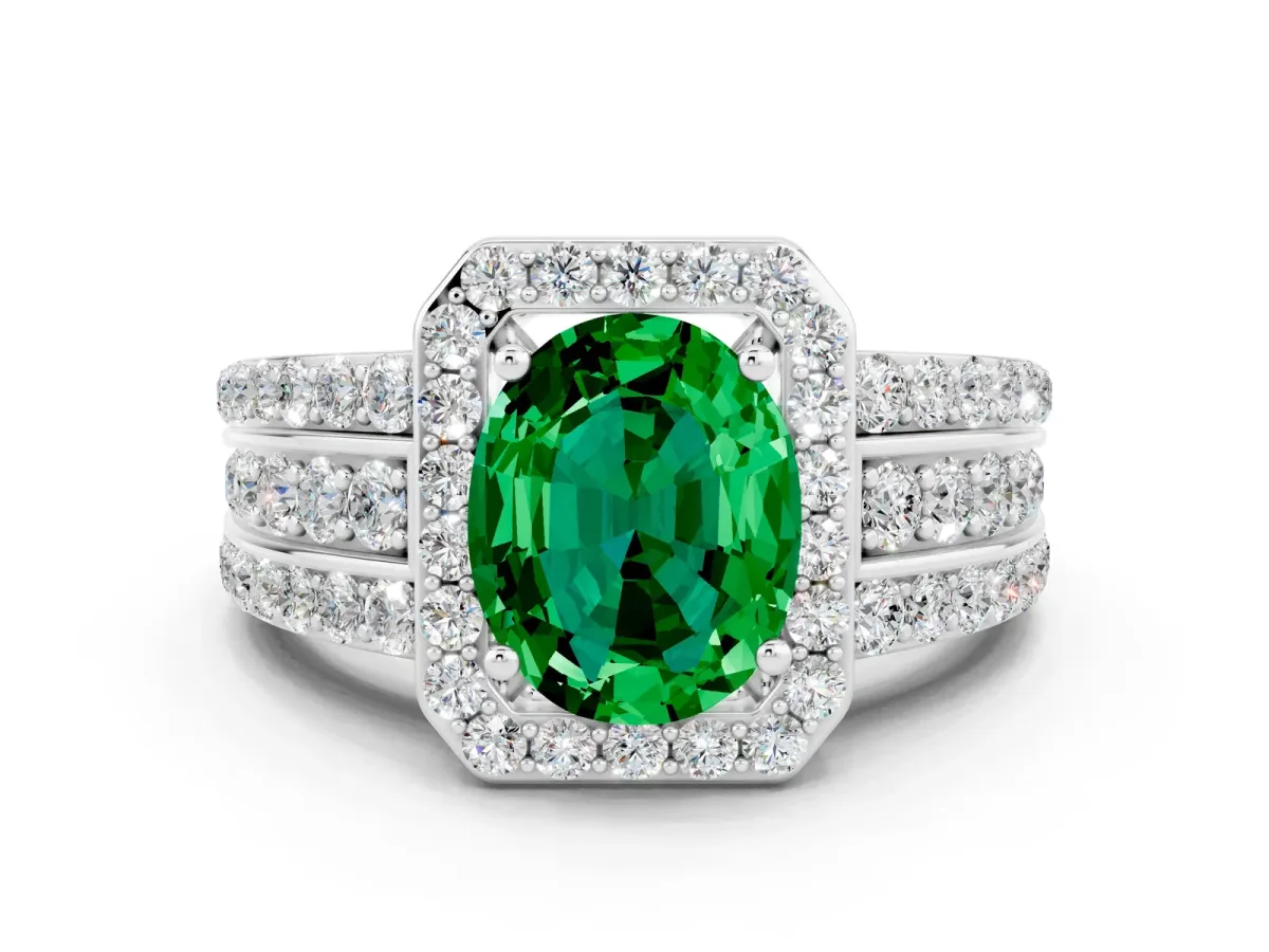 Oval Cut Halo Emerald Ring with Round Split Shank and Prong Setting Silver