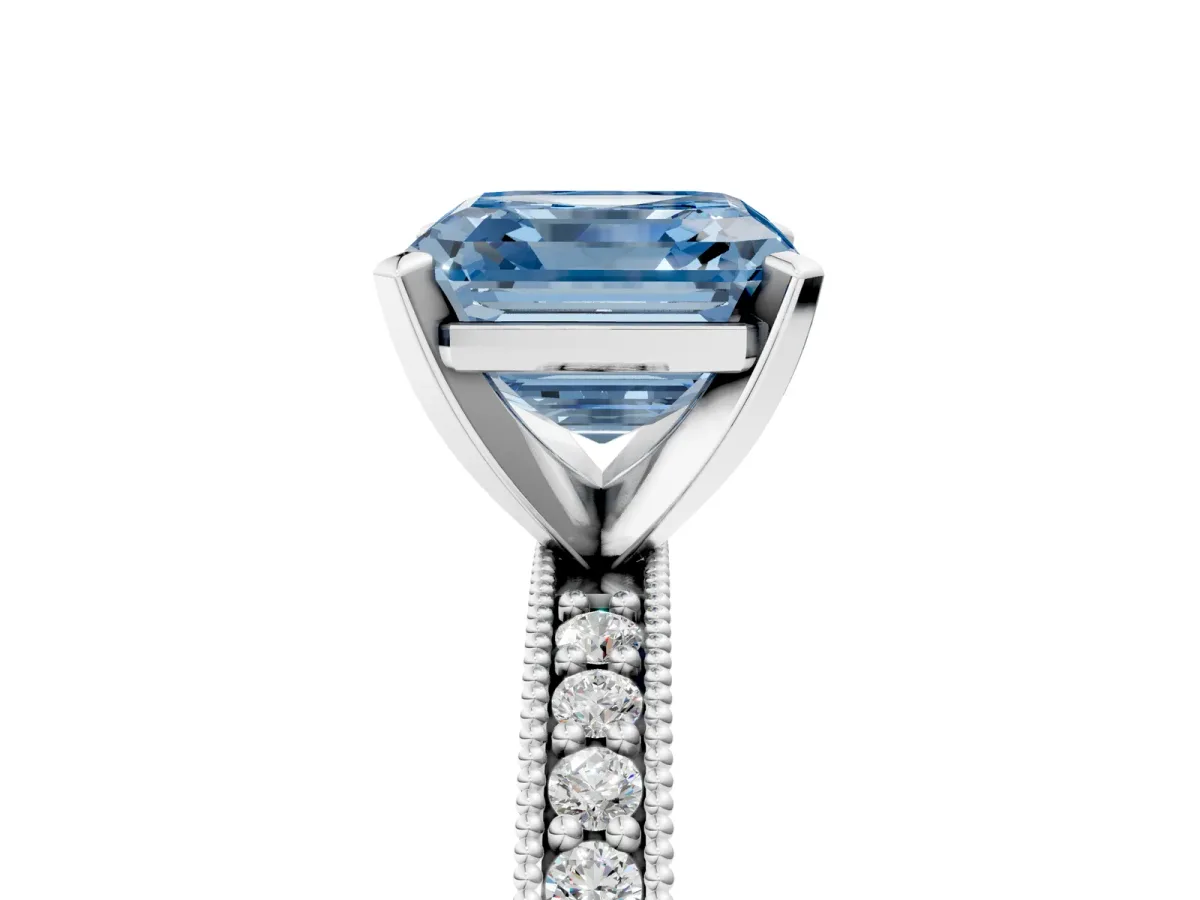 Fancy Blue Asscher Cut Diamond Milgrain Pavé Engagement Ring with Four-Prong Setting Platinum