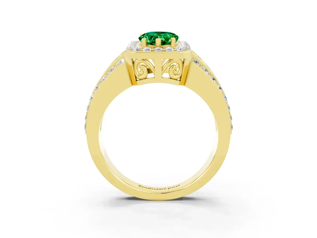 Pear Cut Halo Emerald Ring with Round Split Shank and Prong Setting Yellow gold
