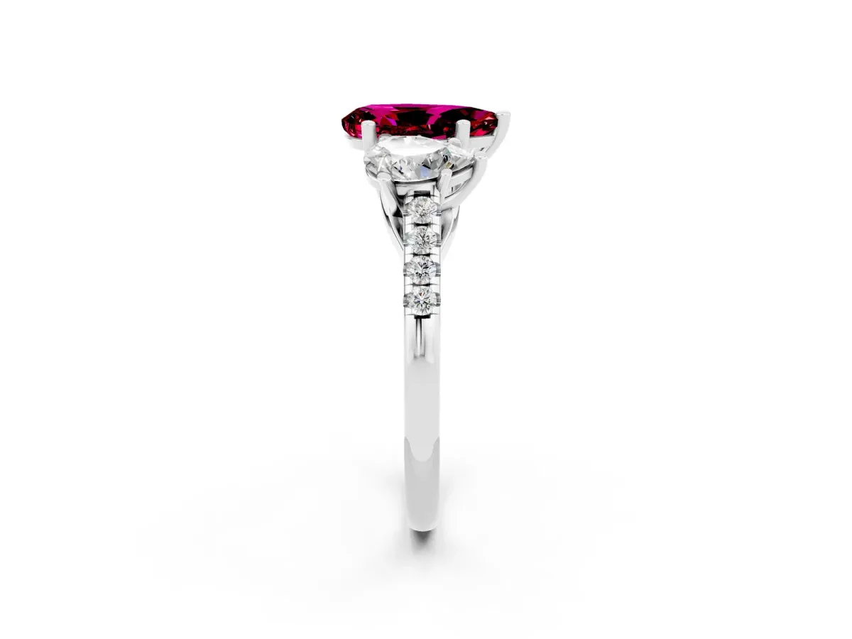 Three-Stone Pear Cut Garnet Ring with Round Pavé Band and Prong Setting Platinum