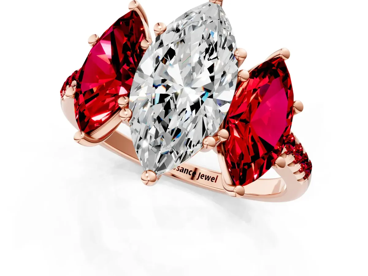 Three-Stone Marquise Cut Diamond Ring with Round Ruby Pavé Band and Prong Setting Rose gold