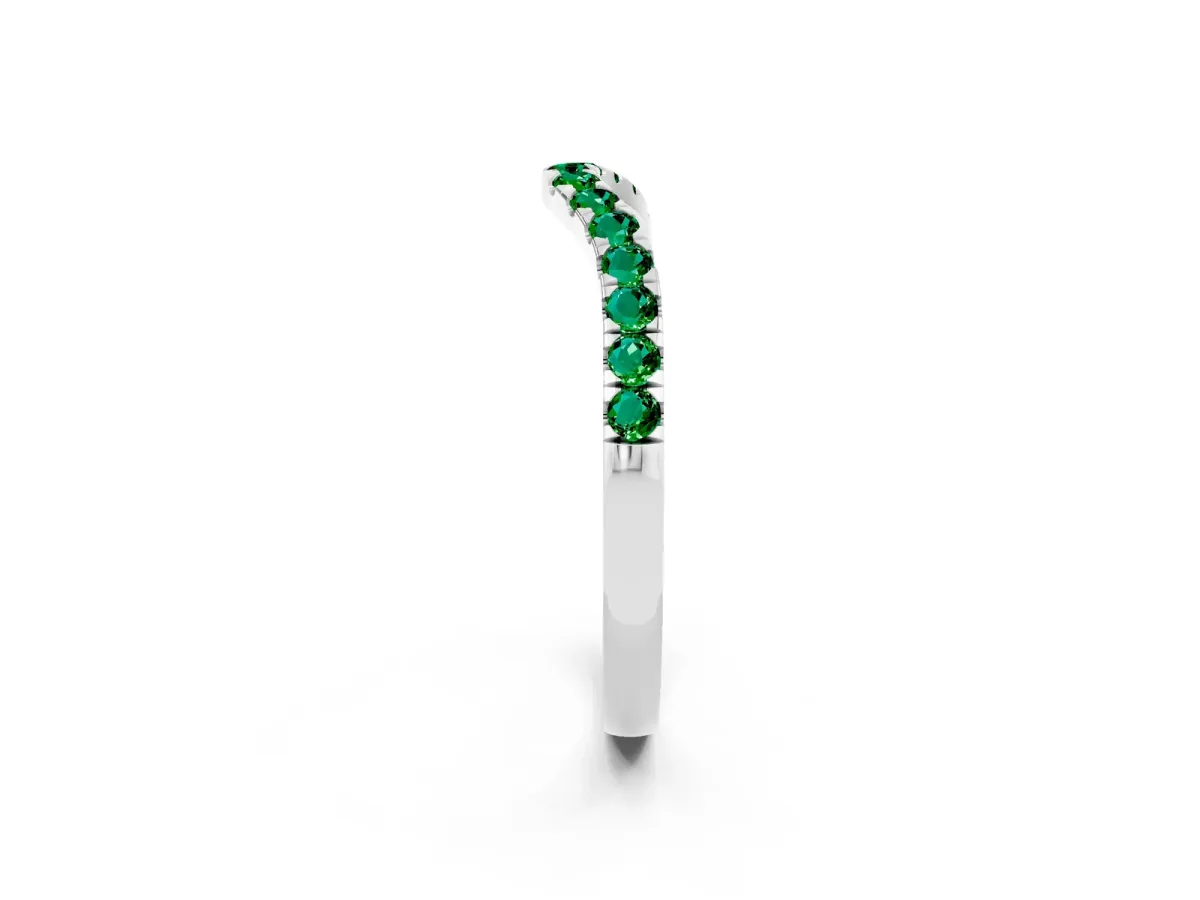 Curved Pavé Round Emerald Wedding Band with Shared Prong Setting Silver