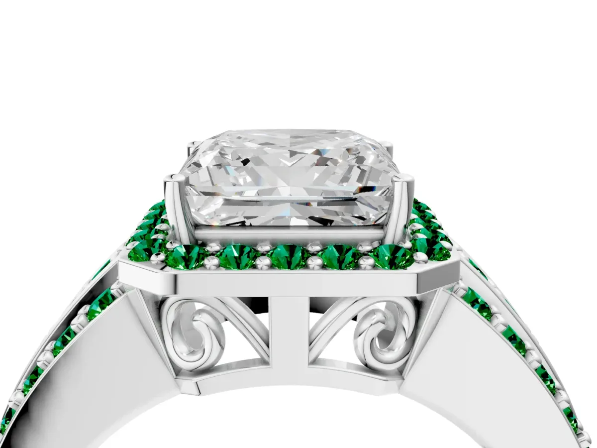 Princess Cut Halo Diamond Ring with Round Emerald Split Shank and Prong Setting White gold