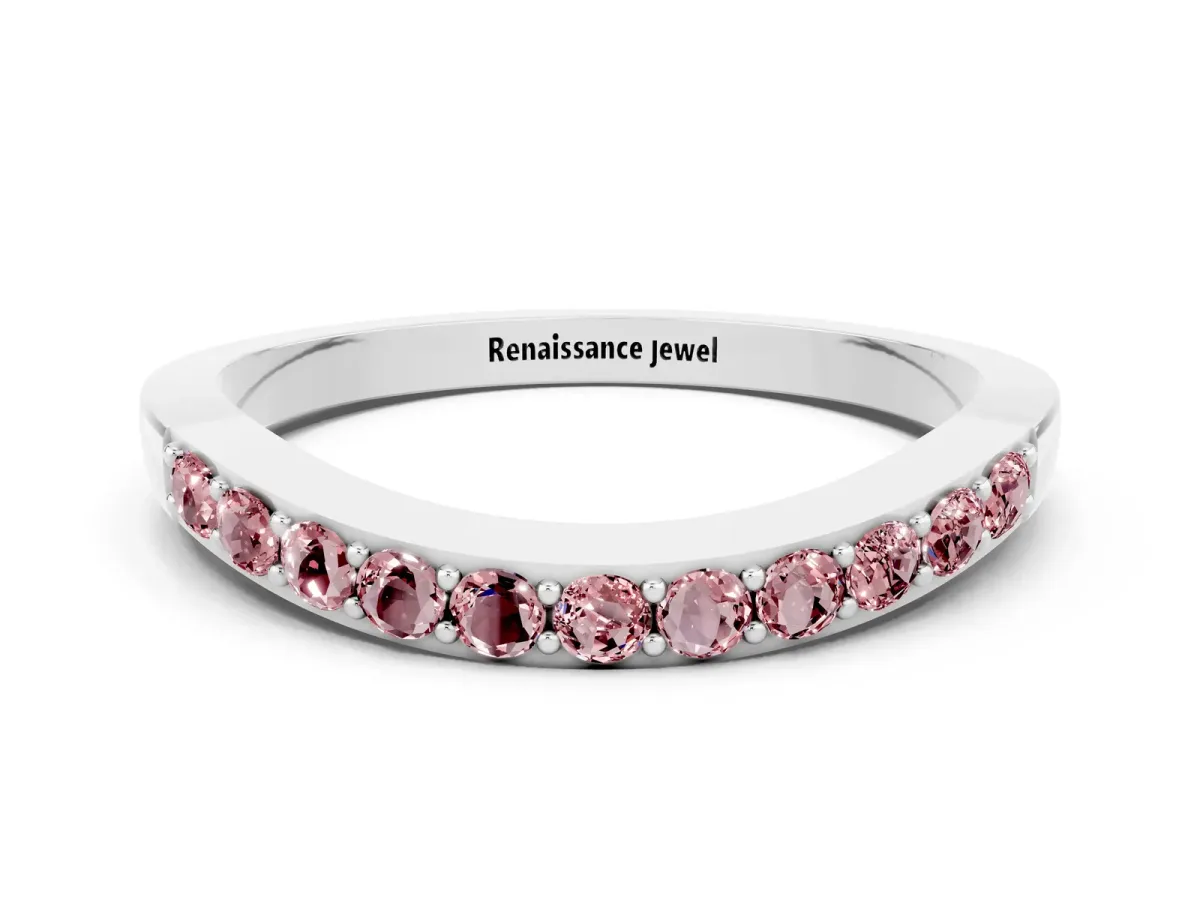 Round Morganite Curved Wedding Band with Channel Setting Silver