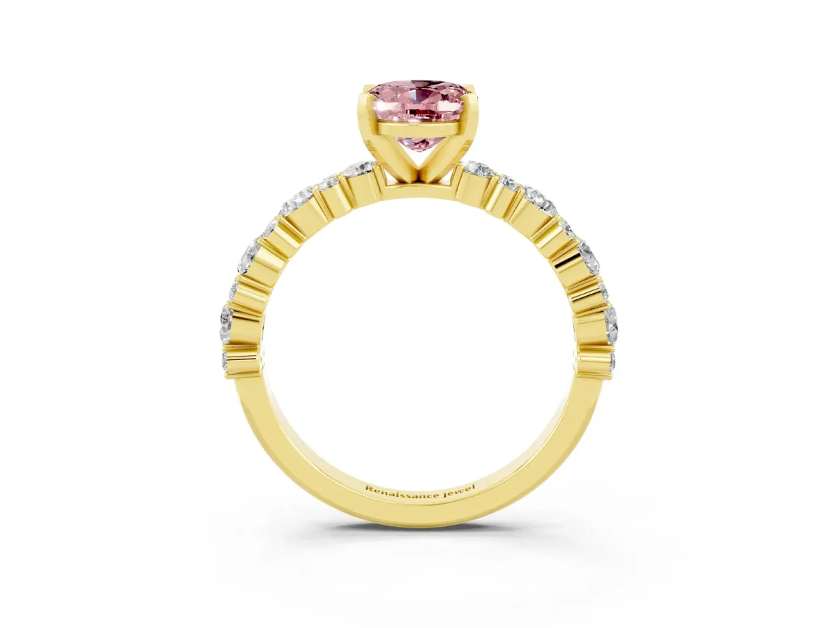 Oval Cut Morganite Side Stone Solitaire Ring with Round and Four-Prong Setting Yellow gold