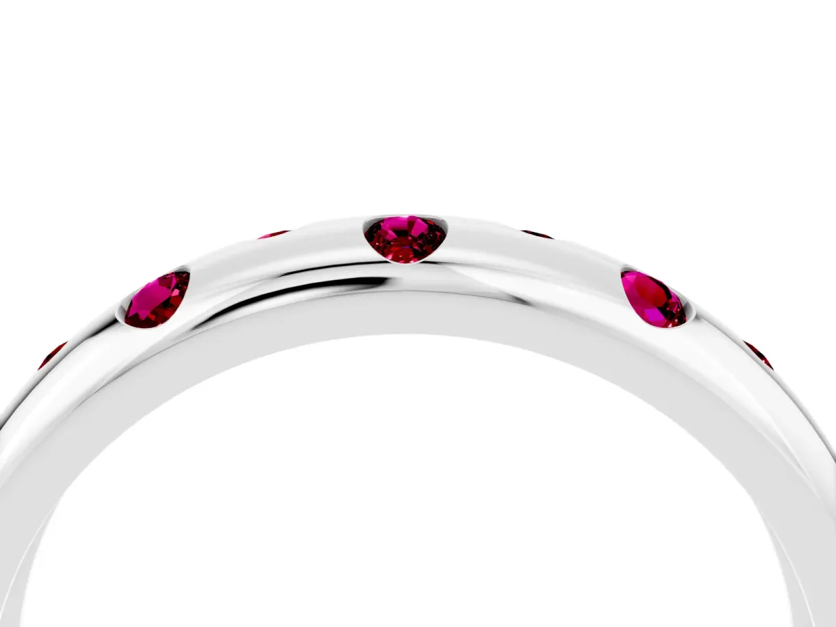 Round Garnet Flush-Set Comfort Fit Band Silver