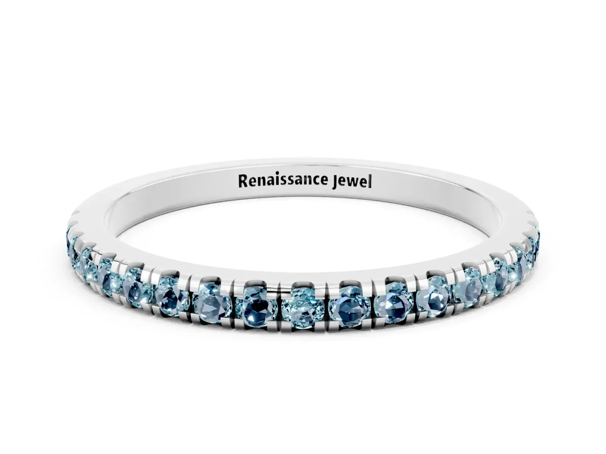 Pavé Round Aquamarine Half Eternity Band with Shared Prong Setting Silver