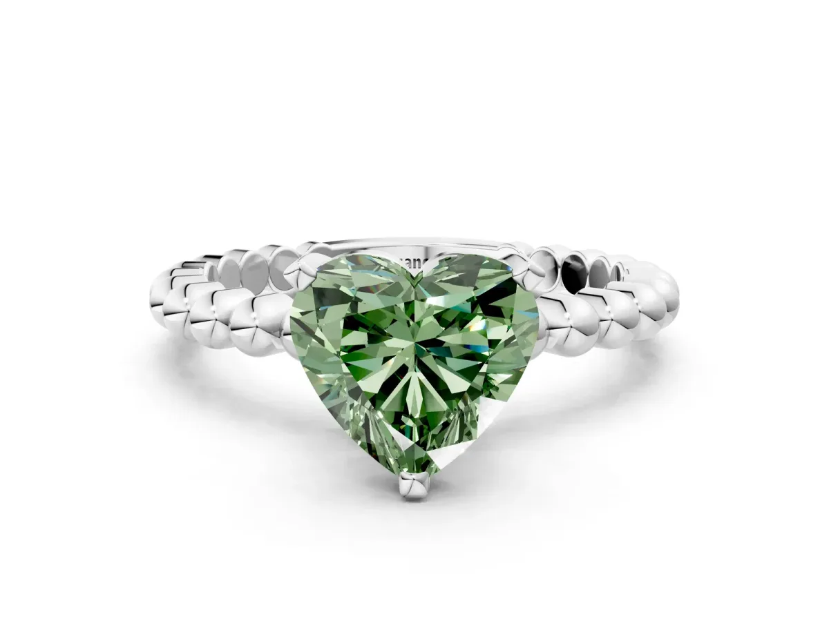 Fancy Green Heart Cut Diamond Solitaire Ring with Beaded Band and Prong Setting Silver