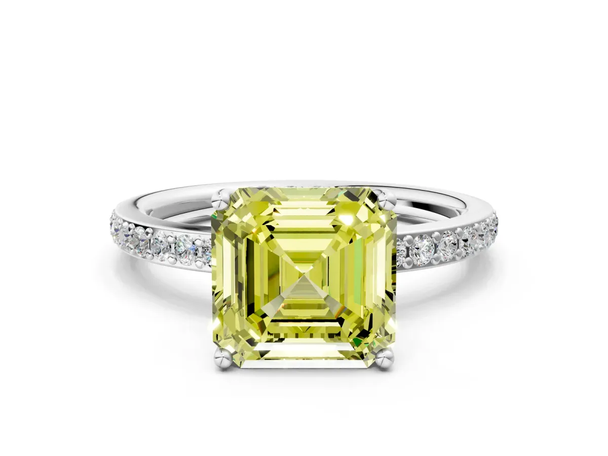 Fancy Yellow Asscher Cut Cut Diamond Pavé Band Ring with Four-Prong Setting Platinum