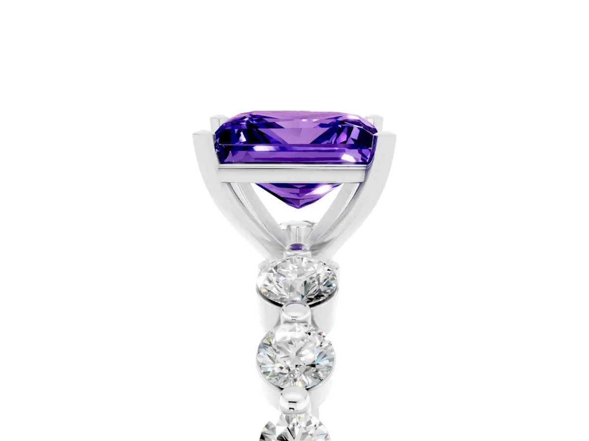 Princess Cut Solitaire Tanzanite Ring with Pave Band and Four-Prong Setting Silver