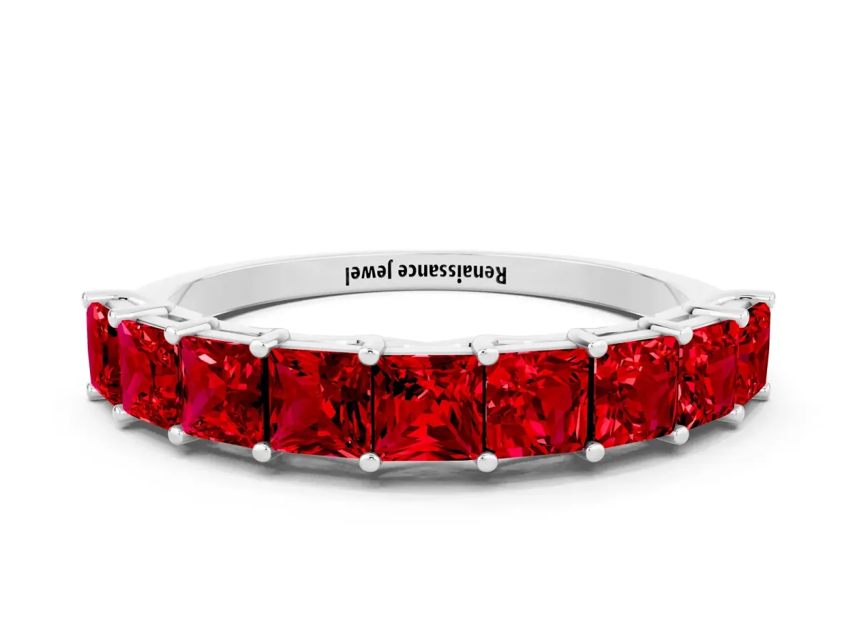 Princess Cut Ruby Channel-Set Eternity Band with Prong Setting Platinum