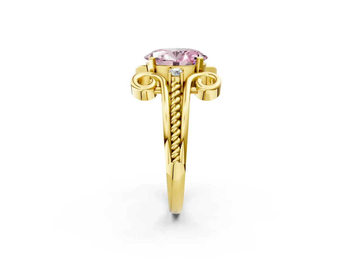 Fancy Pink Oval Cut Solitaire Twisted Band Scroll Prong Ring Yellow gold