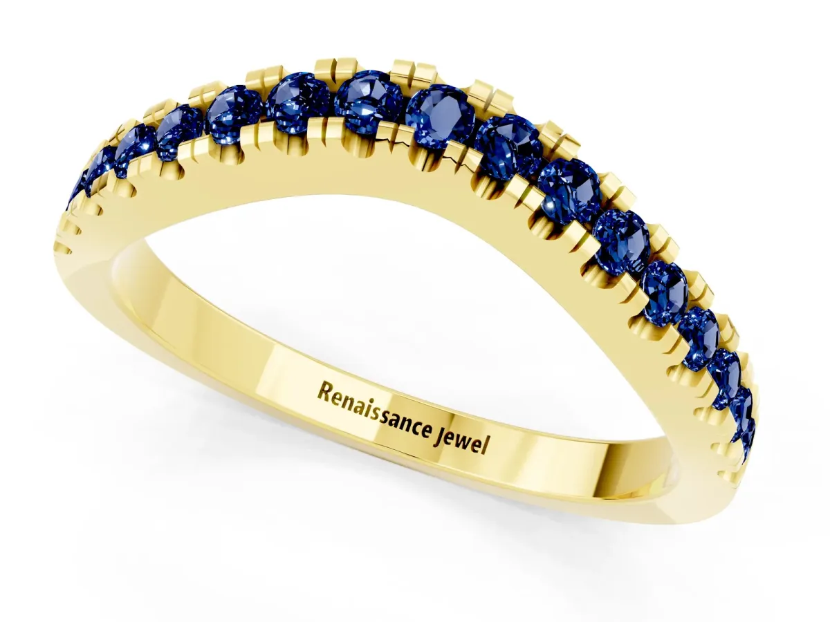Round Blue Sapphire Pavé Curved Band with Shared Prong Setting Yellow gold