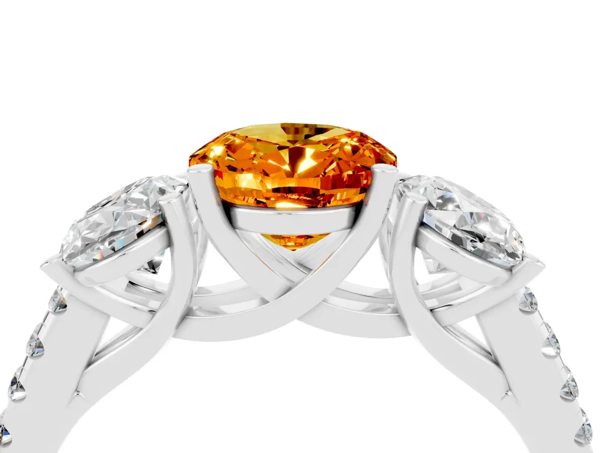 Three-Stone Oval Cut Citrine Ring with Round Pavé Band and Prong Setting Silver