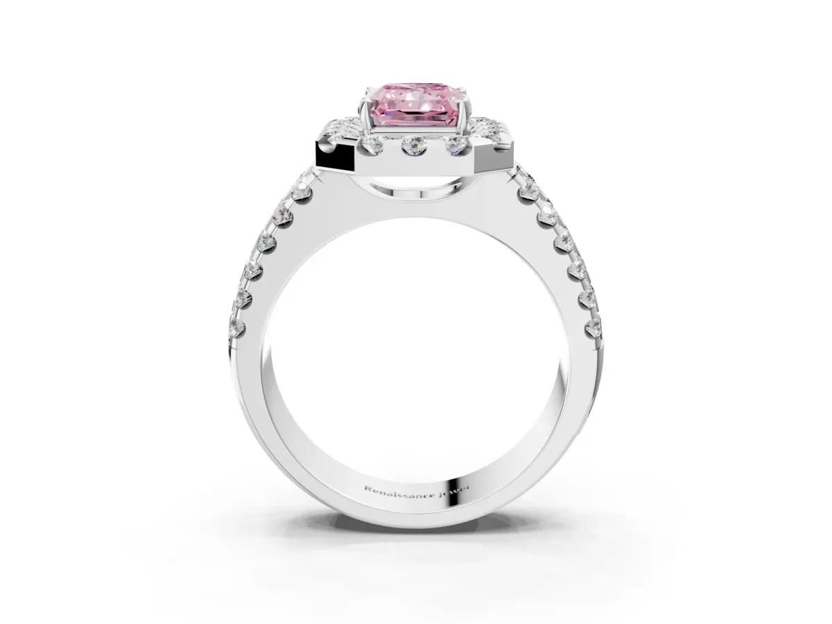 Fancy Pink Radiant Cut Halo Diamond Split Shank Engagement Ring with Prong Setting Platinum