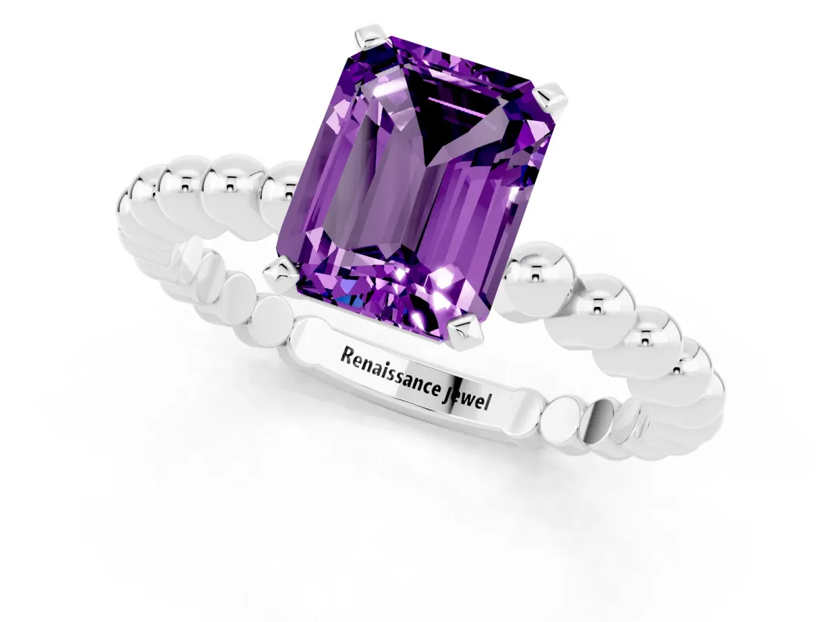Emerald Cut Amethyst Solitaire Ring with Beaded Band and Prong Setting Platinum