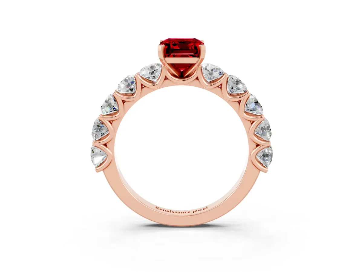Emerald Cut Ruby Prong Setting with Side Stones on a Pave Band Rose gold