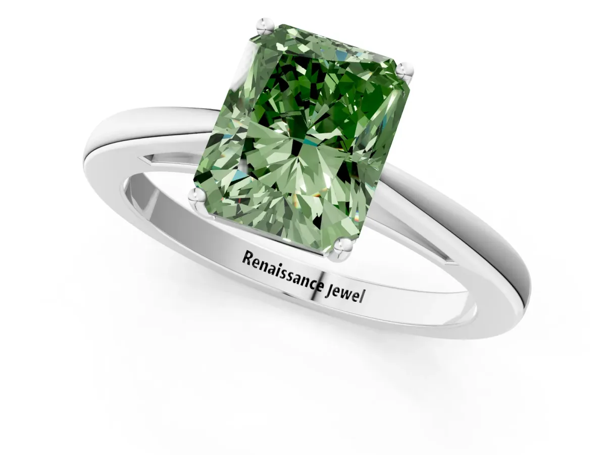 Fancy Green Radiant Cut Solitaire Diamond Ring with Split Shank and Four-Prong Setting Platinum
