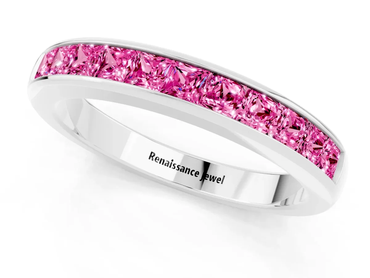 Channel Set Princess Cut Pink Sapphire Eternity Band Silver