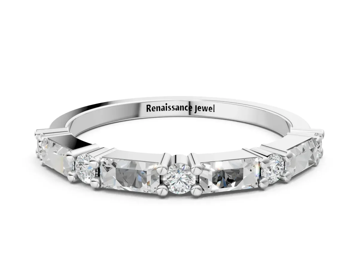 Baguette and Round Diamond Bar Setting Half Eternity Band with Prong Setting Platinum