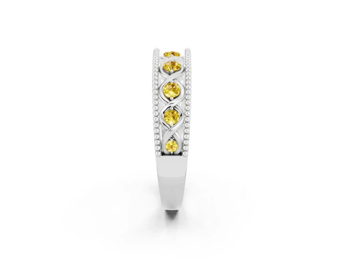 Round Yellow Sapphire Twist Milgrain Band with Bezel Setting White gold