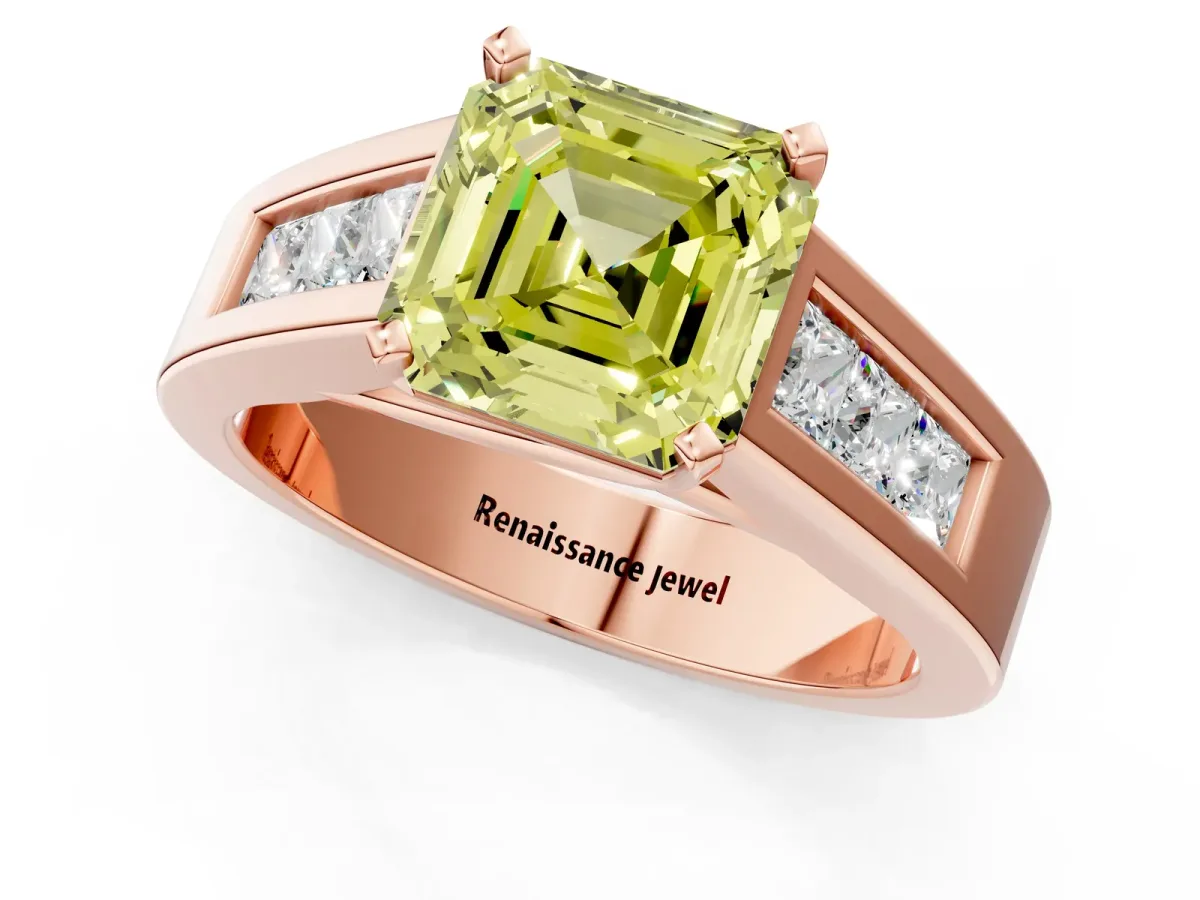 Fancy Yellow Asscher Cut Cut Channel Set Solitaire Ring with Four-Prong Setting Rose gold