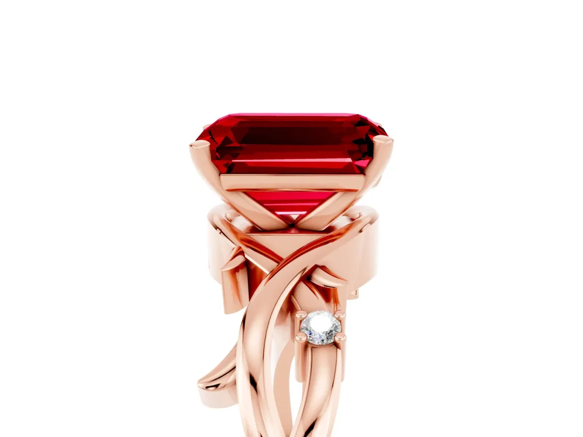 Emerald Cut Ruby Solitaire Ring with Twisted Band and Prong Setting Rose gold
