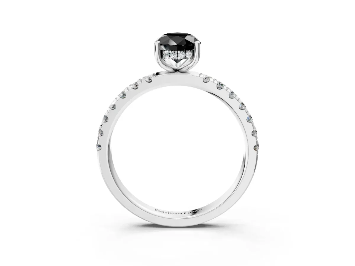Fancy Black Pear Cut Diamond Pave Band Solitaire Ring with Round and Prong Setting Silver