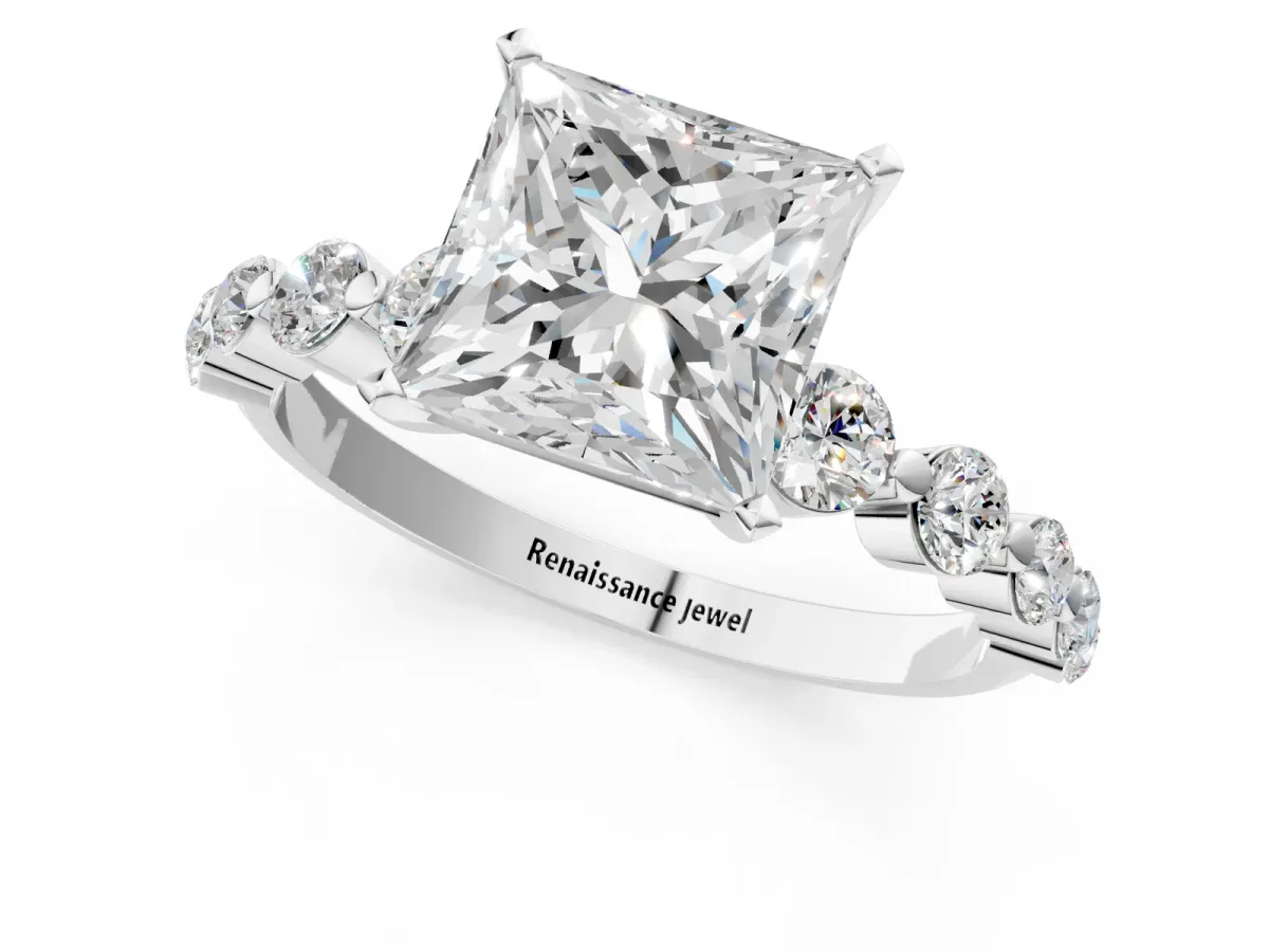 Princess Cut Solitaire Diamond Ring with Pave Band and Four-Prong Setting Platinum