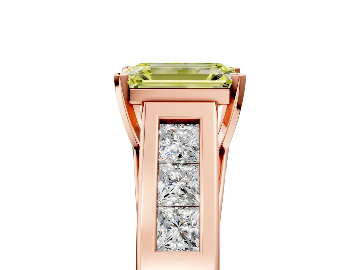 Fancy Yellow Emerald Cut Cut Channel Set Solitaire Ring with Four-Prong Setting Rose gold
