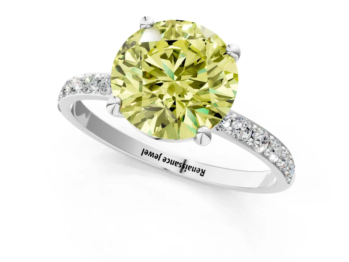Fancy Yellow Round Cut Diamond Solitaire Ring with Round Pavé Band and Prong Setting Silver