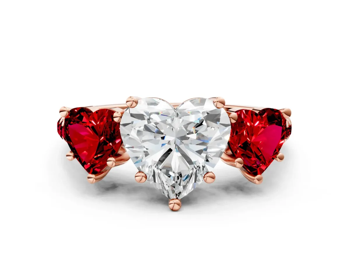 Three-Stone Heart Cut Diamond Ring with Round Ruby Pavé Band and Prong Setting Rose gold