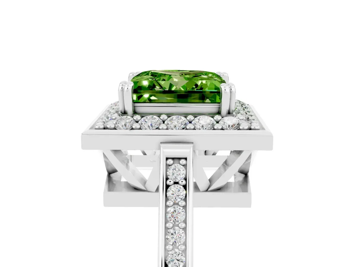 Princess Cut Peridot Halo Ring with Split Shank and Four-Prong Setting Platinum