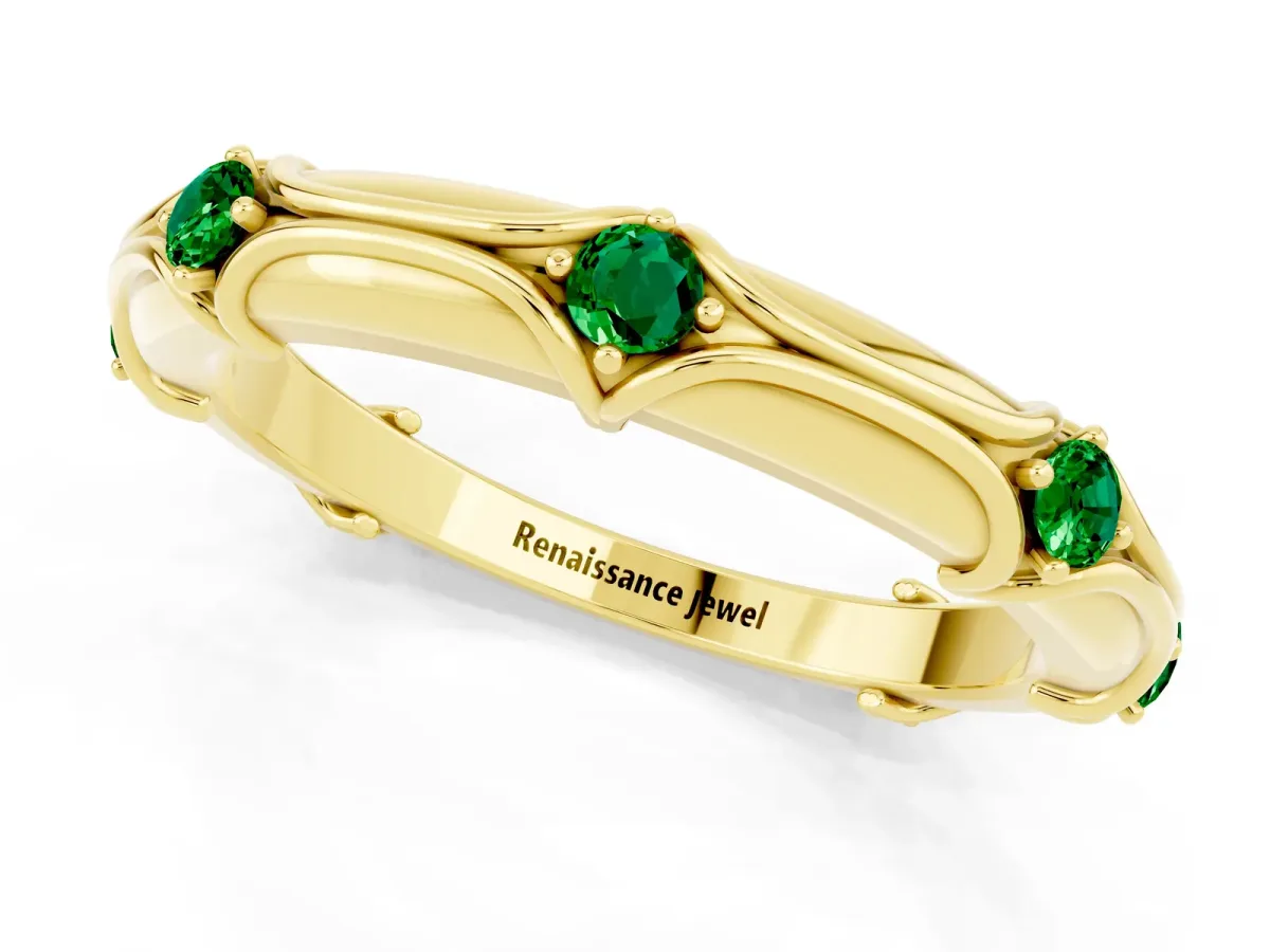 Round Emerald Prong Set Milgrain Eternity Band Yellow gold