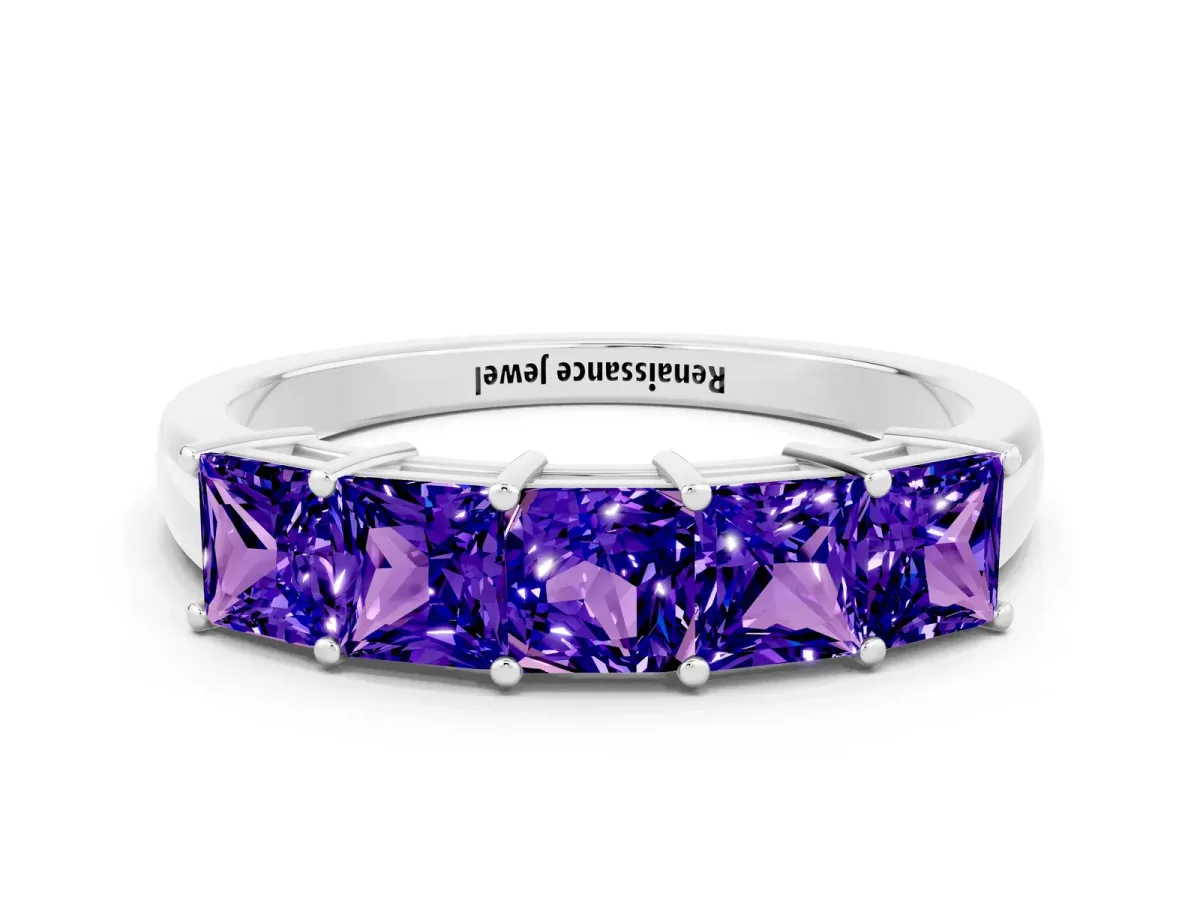 Princess Cut Five-Stone Tanzanite Band with Prong Setting Silver