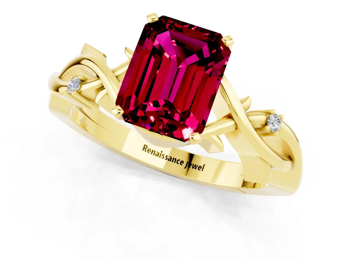 Emerald Cut Garnet Solitaire Ring with Twisted Band and Prong Setting Yellow gold