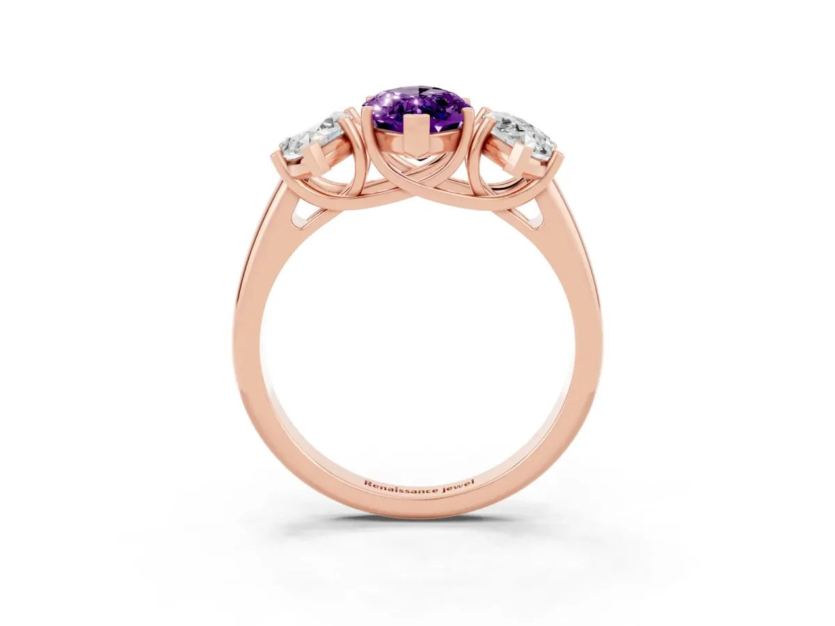 Three-Stone Marquise Cut Amethyst Engagement Ring with Prong Setting Rose gold