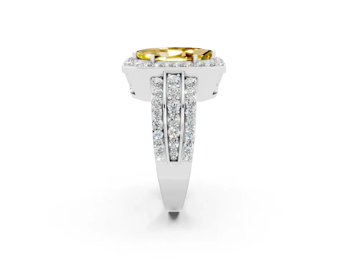 Marquise Cut Halo Yellow Sapphire Ring with Round Split Shank and Prong Setting Silver