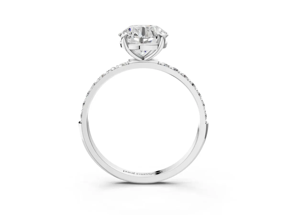 Round Cut Diamond Solitaire Ring with Round Pavé Band and Prong Setting Platinum