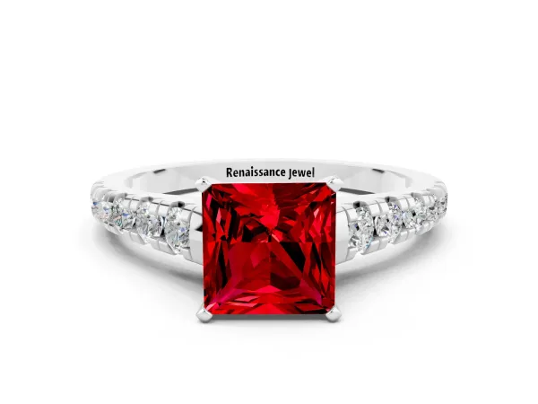 Princess Cut Ruby Cathedral Solitaire Ring with Round Pavé Band Platinum
