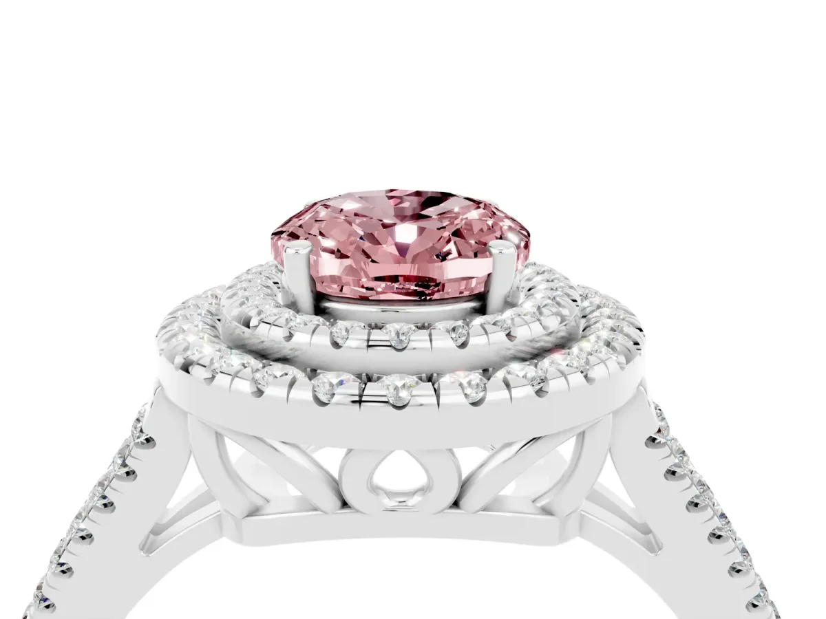 Oval Cut Morganite Double Halo Ring with Pavé Band and Prong Setting Silver