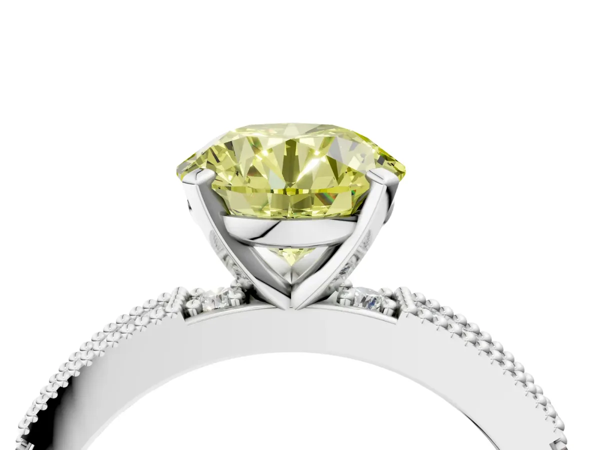 Fancy Yellow Round Cut Solitaire with Pavé Band and Four-Prong Setting Platinum