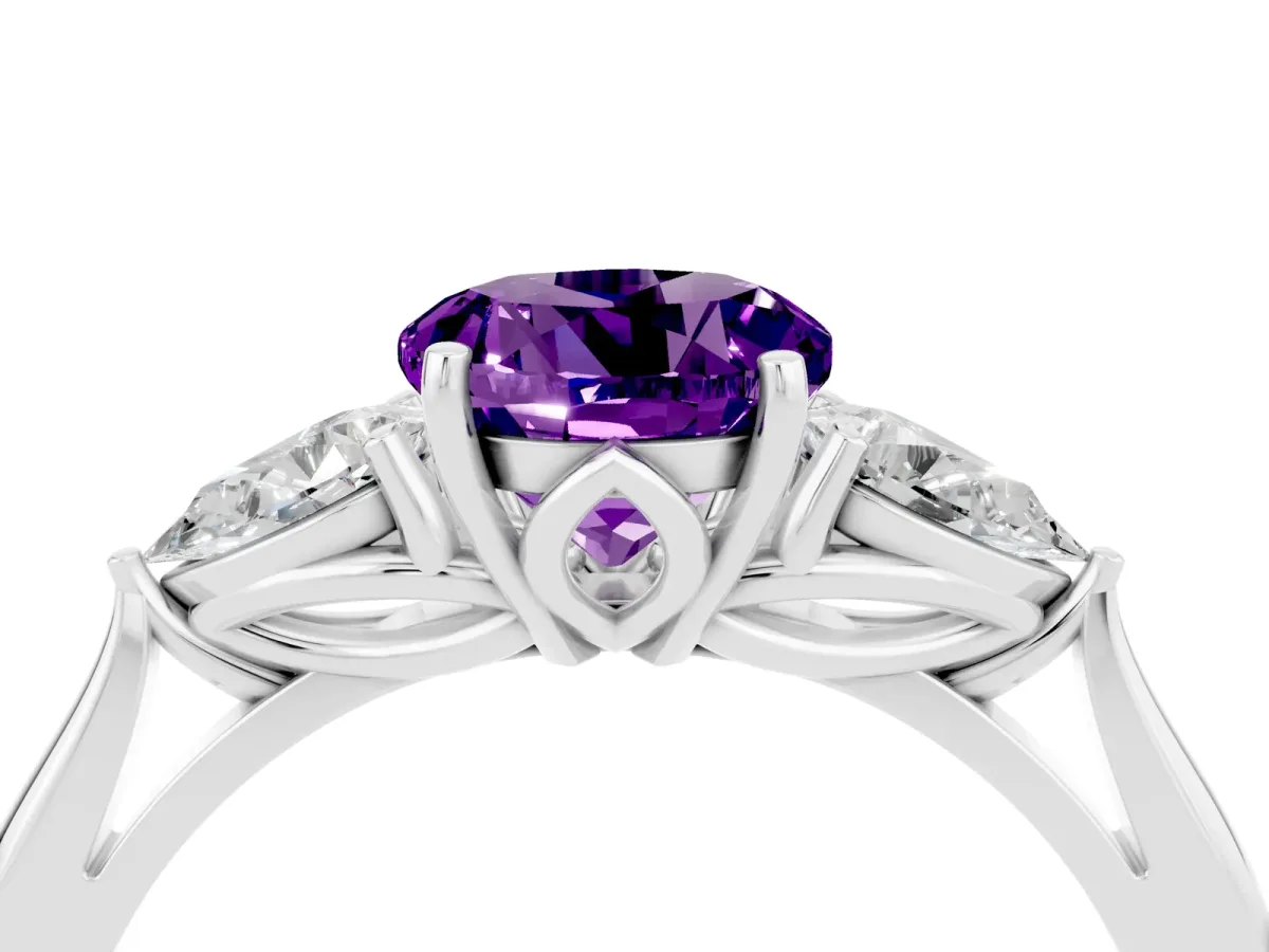 Three-Stone Round Cut Amethyst Ring with Pear Side Stones in Four-Prong Setting Platinum