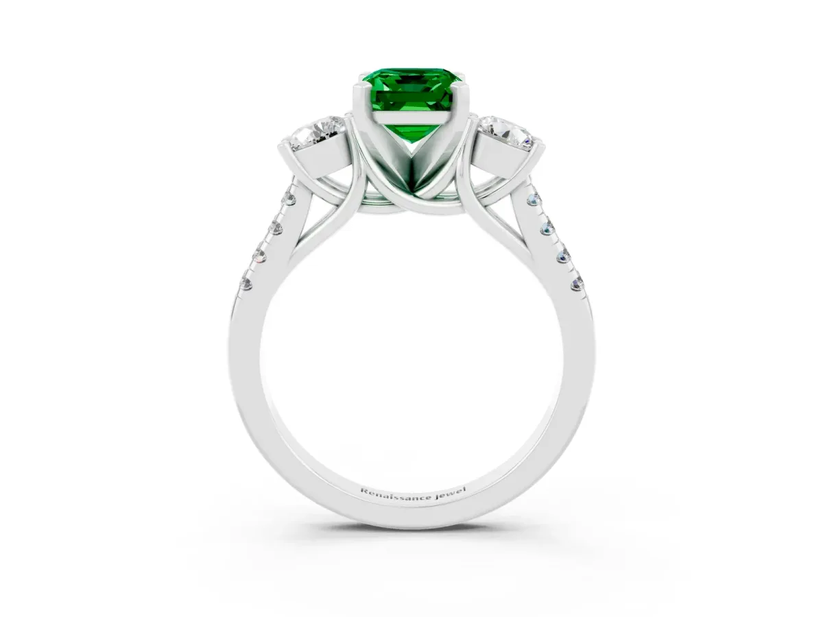 Three-Stone Emerald Cut Emerald Pavé Band with Four-Prong Setting Silver