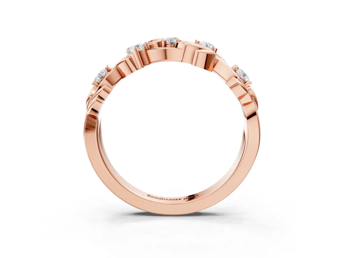 Round Diamond Leaf Motif Band with Prong Setting Rose gold