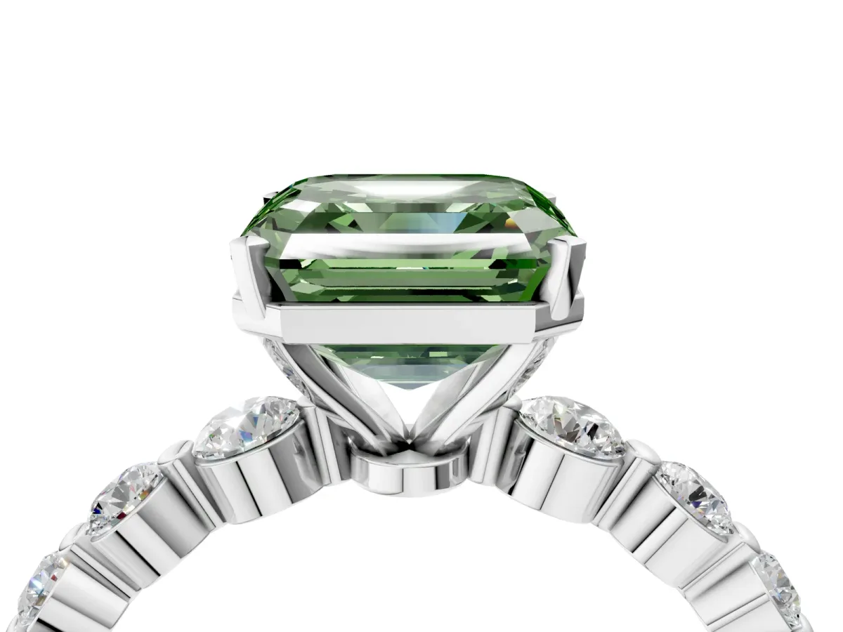 Fancy Green Asscher Cut Solitaire Diamond Ring with Pave Band and Four-Prong Setting Silver