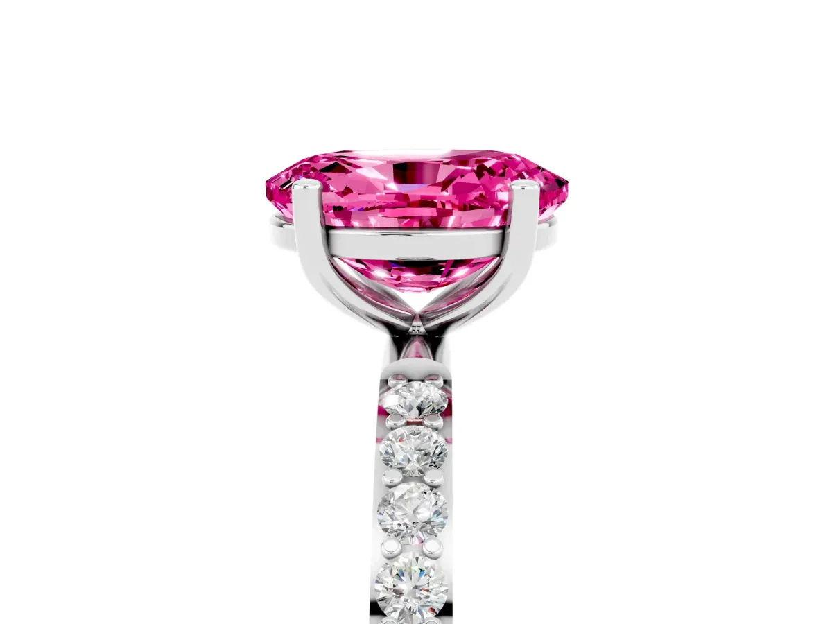 Oval Cut Pink Sapphire Solitaire Ring with Round Pavé Band and Prong Setting Silver