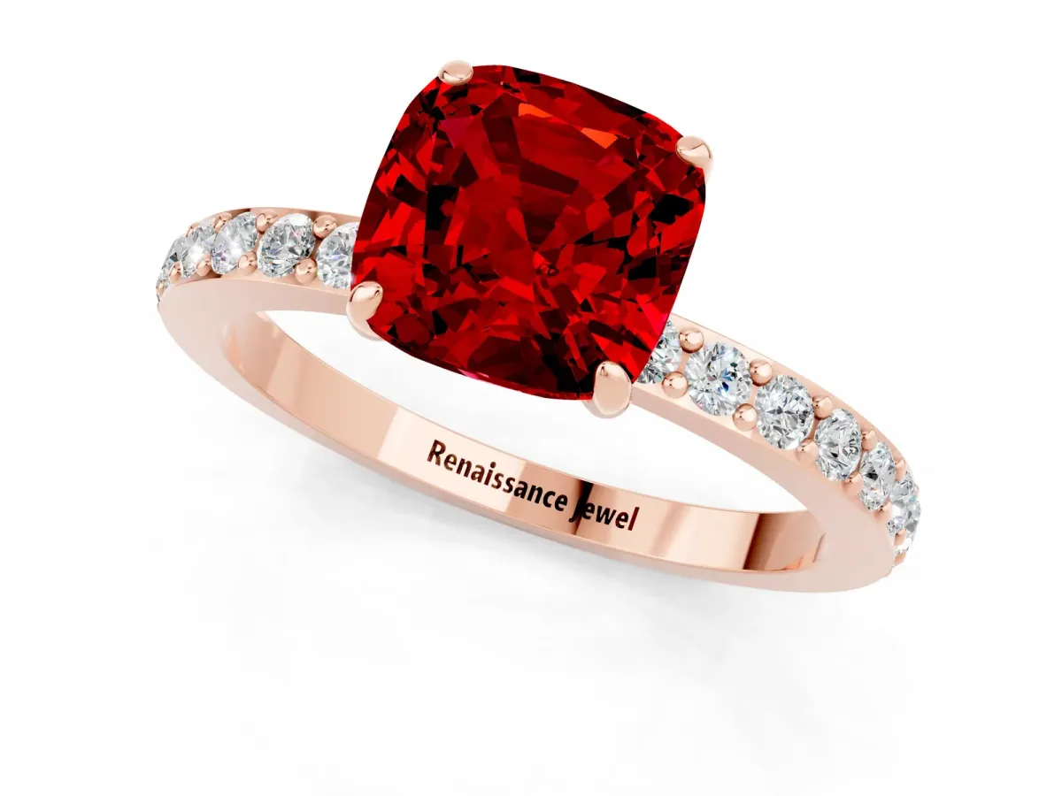 Cushion Cut Ruby Solitaire Engagement Ring with Pavé Band and Four-Prong Setting Rose gold