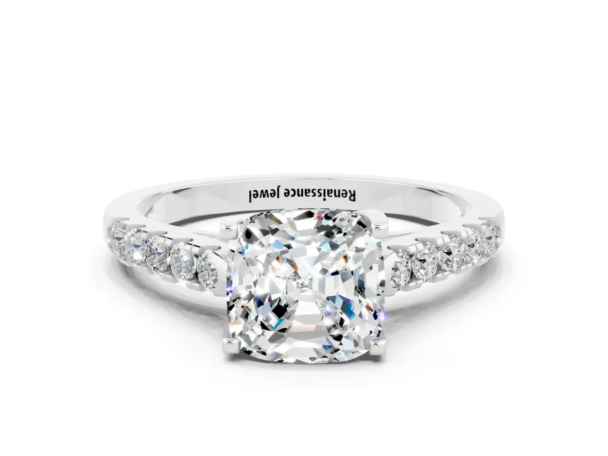 Cushion Cut Moissanite Pavé Band Solitaire Ring with Prong Setting Platinum