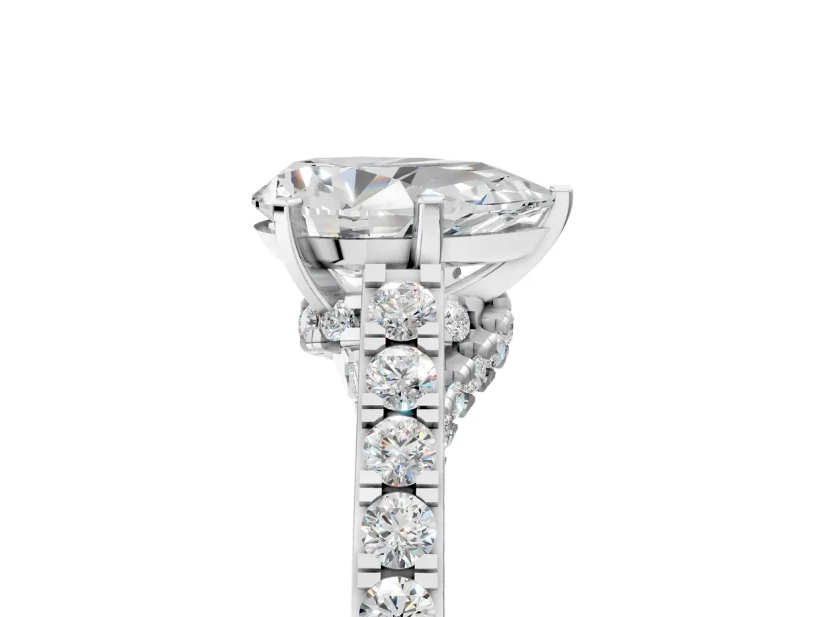 Pear Cut Diamond Solitaire Ring with Crossover Gallery and Round Pavé Band Platinum